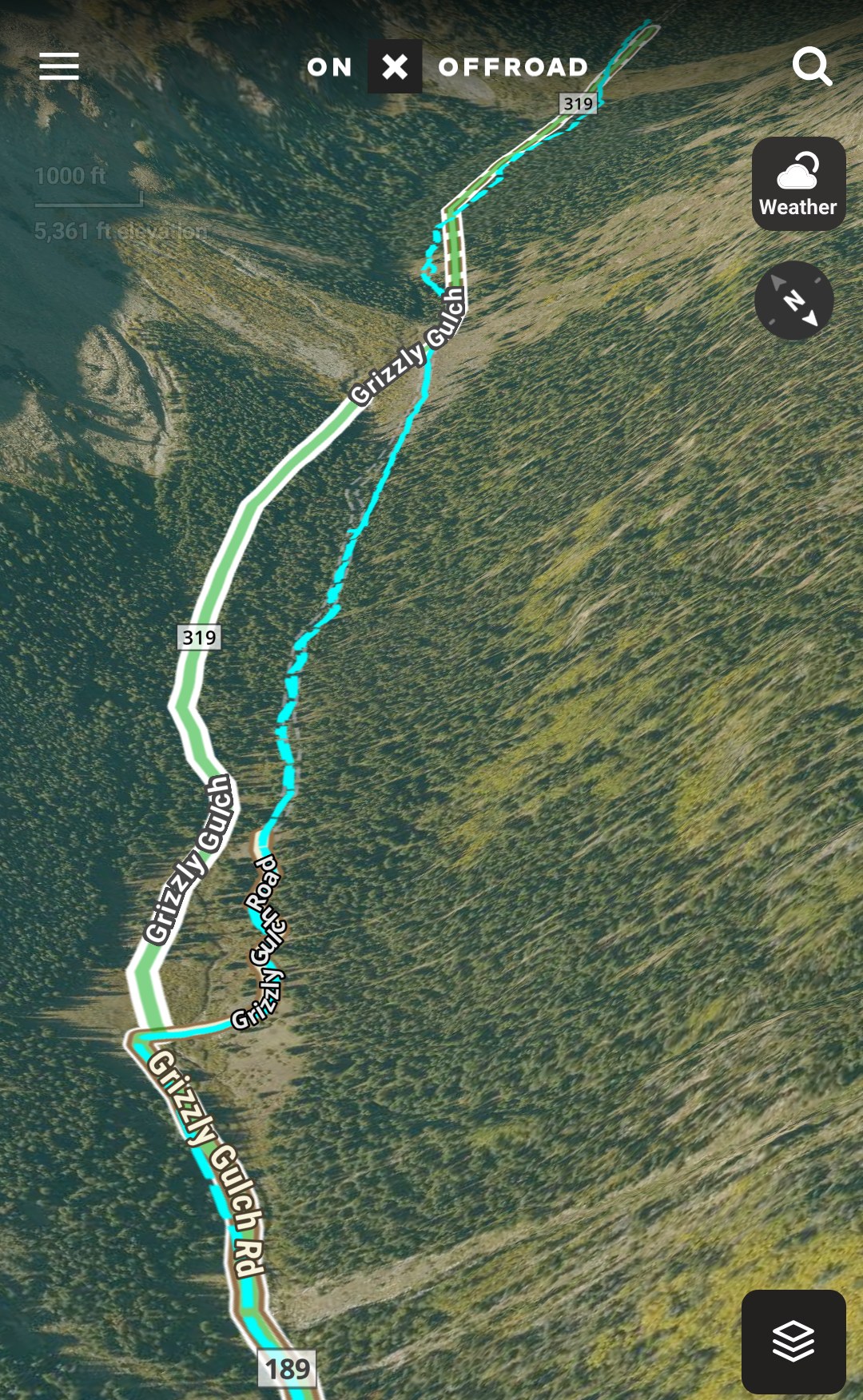 OnX in 3D, closer in: our track climbing Grizzly Gulch through the trees