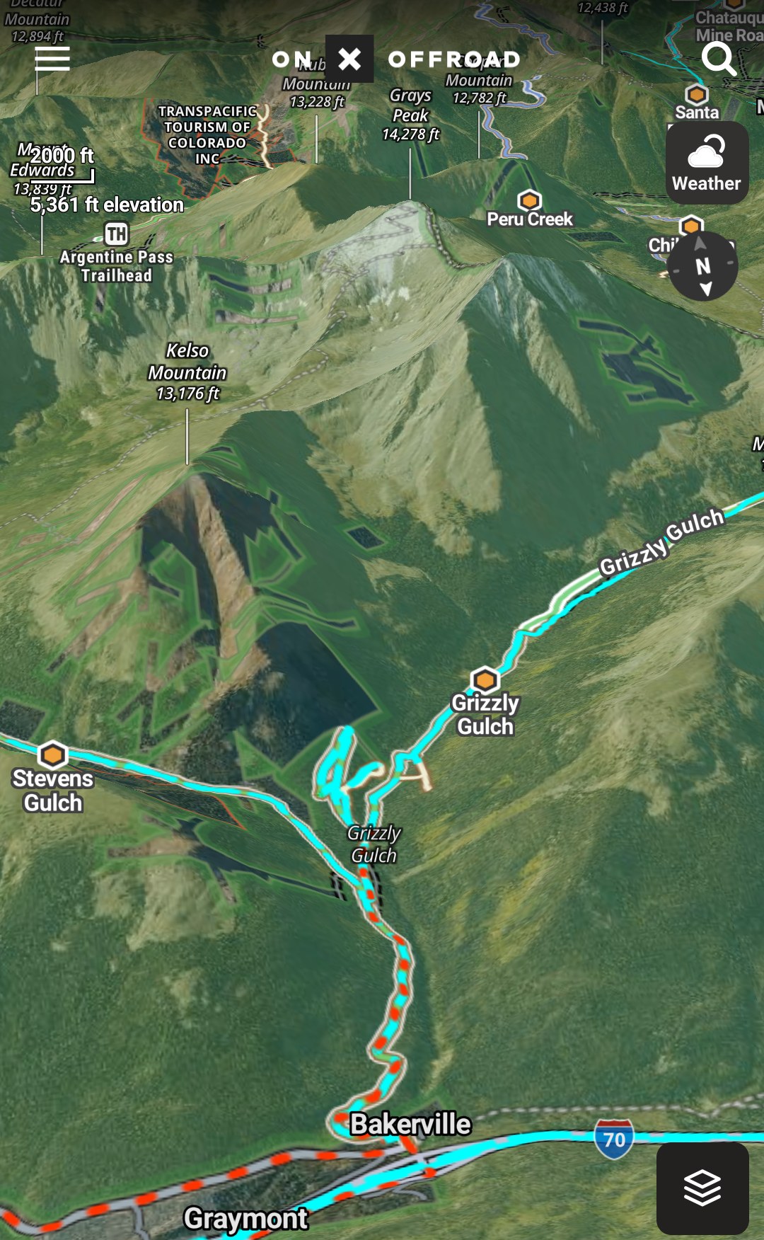 OnX in 3D: our track up Stevens Gulch and Grizzly Gulch from Bakerville, with Grays Peak above