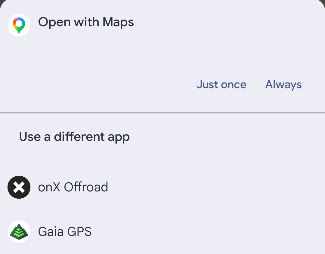 The phone asking which app to open the directions with, with OnX Offroad in the list