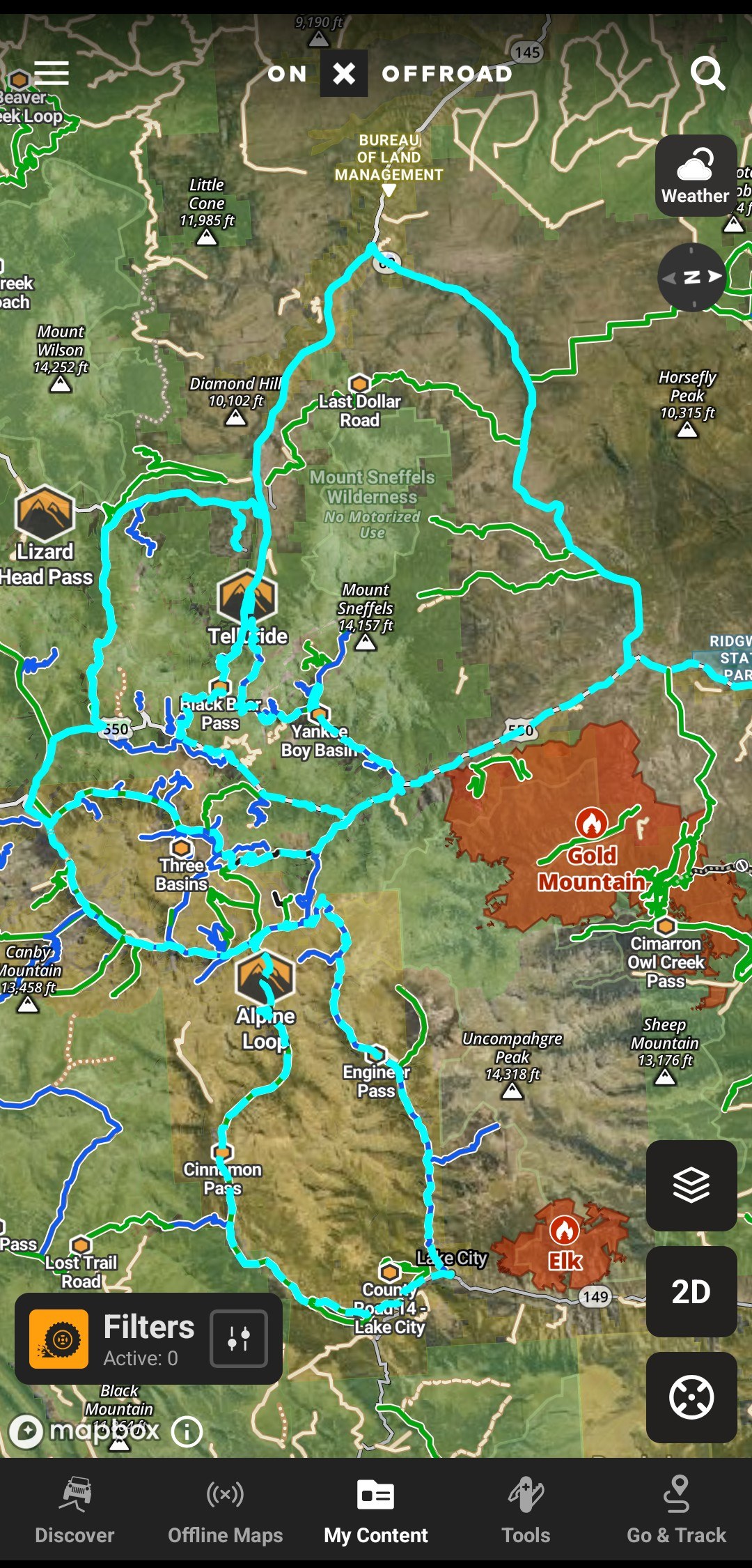 Our San Juans trip in OnX: three days of tracks on the satellite map