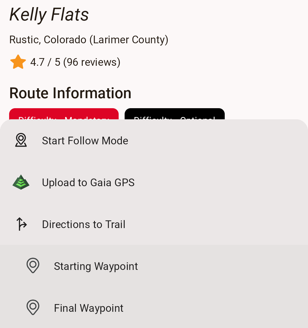 Trails Offroad's Kelly Flats guide with its menu open: Directions to Trail, then Starting Waypoint or Final Waypoint